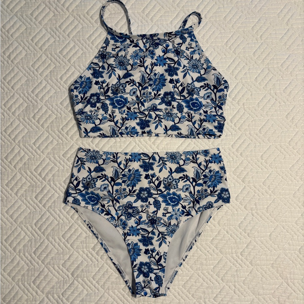 Floral Blue High-Neck Bikini Set - Picture 3 of 8